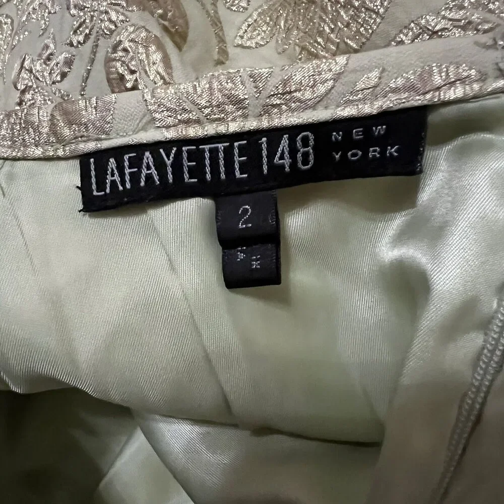 LAFAYETTE 148 Jacquard Pencil Skirt Mint Green Gold Sz 2 Knee Length High Rise - Picture 3 of 5